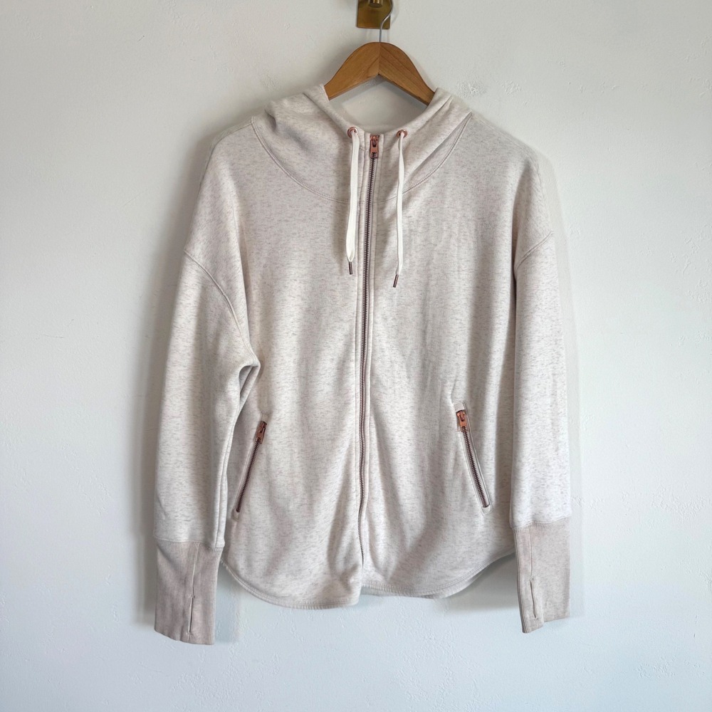 Athleta Cozy Karma Full Zip Hoodie Oatmeal Rose Gold Thumbholes Athleisure M